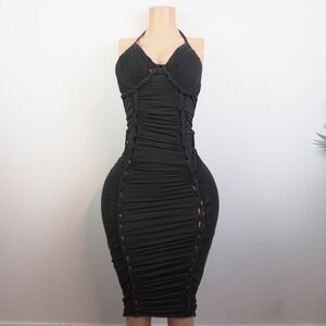 Vintage Y2K 90s Moda International Blck Bodycon Dress Club Resort Halter  XS